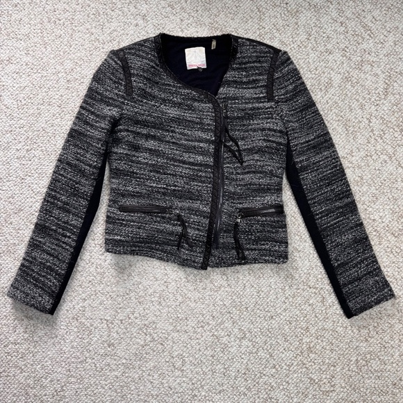 Rebecca Taylor Tweed & Leather Trim Moto Jacket Women's Size 4 - Picture 1 of 9